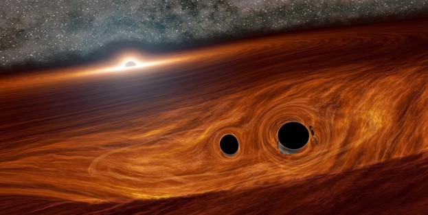 رسم فني لثقب أسود هائل، محاط بقرص من الغاز، مع اثنين من الثقوب السوداء المندمجة.