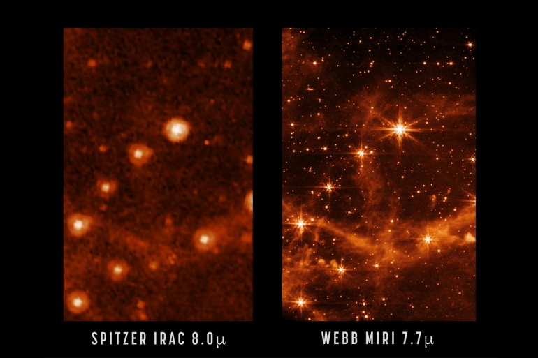 A combination of images shows part of the Large Magellanic Cloud, a small satellite galaxy of the Milky Way, seen by the retired Spitzer Space Telescope (L), and the new James Webb Space Telescope, May 9, 2022. (NASA )