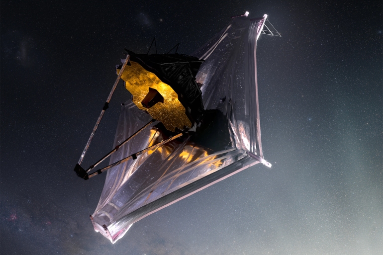 An artist’s concept of the fully deployed and unfolded James Webb Space Telescope, which is currently on its way to a spot called L2, where it will orbit the sun. It is now 600,000 miles from Earth.Credit...Adriana Manrique Gutierrez/NASA